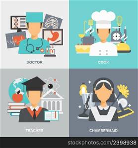 Profession design concept set with doctor cook teacher and chambermaid flat icons isolated vector illustration. Profession Flat Set