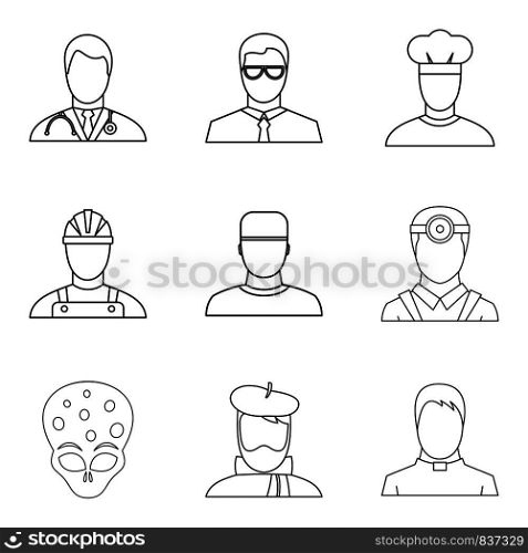 Profession icons set. Outline set of 9 profession vector icons for web isolated on white background. Profession icons set, outline style
