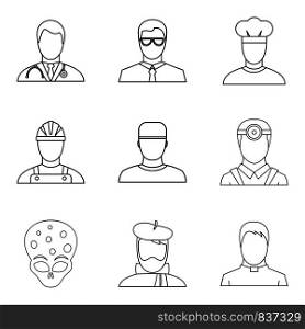 Profession icons set. Outline set of 9 profession vector icons for web isolated on white background. Profession icons set, outline style