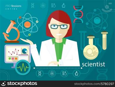 Profession scientist with icon elements of laboratory test tubes microscope analysis of molecule flat design cartoon style