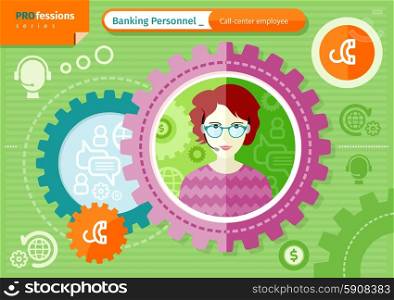 Profession series concept for banking personnel with beautiful woman call-center employee in glasses and headset in circle frame on green with communication pictograms background