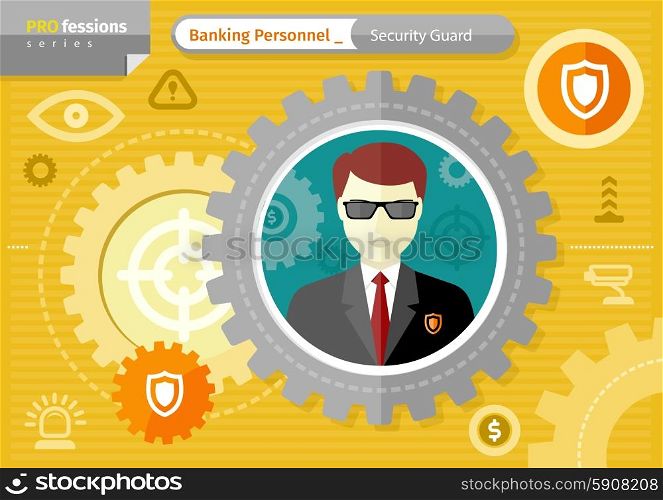 Profession series concept for banking personnel with serious man security guard in black suit uniform and sunglasses in circle frame on yellow with security icons background