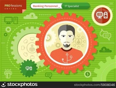 Profession series concept for banking personnel with young bearded man in sweater IT specialist in circle frame on green with computers pictograms background