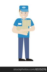 Profession Series with Young Man Sales Assistant. Profession series with young man sales assistant, merchandiser. Seller holds boxes in his hands. Shop assistant isolated on white. Salesman on his working place unpacking items. Vector illustration