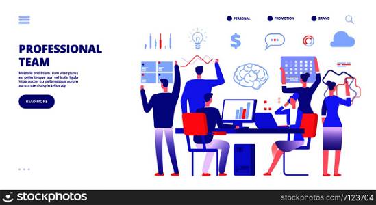 Profession team. Employees work in office. Company business teamwork banner. Multitasking marketing vector banner. Team characters, teamwork brainstorming, office work illustration. Profession team. Employees work in office. Company business teamwork banner. Multitasking marketing vector banner