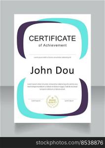 Professional achievement certificate design template. Vector diploma with customized copyspace and borders. Printable document for awards and recognition. Calibri Regular, Arial, Myriad Pro fonts used. Professional achievement certificate design template
