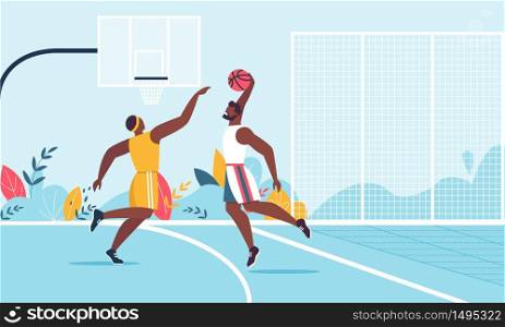 Professional Afro-American Male Team Playing Basketball on Court Cartoon. Sportsmen Characters in Sportswear Taking Part in Sport Competition. Man in Fighting for Ball. Vector Flat Illustration. Afro-American Male Team Playing Basketball Cartoon