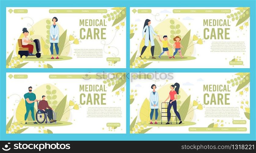 Professional and Qualified Medical Care Services in Rehabilitation Center Trendy Flat Vector Horizontal Web Banners, Landing Pages Templates Set. Female, Male Doctors Supporting Patients Illustration