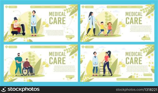 Professional and Qualified Medical Care Services in Rehabilitation Center Trendy Flat Vector Horizontal Web Banners, Landing Pages Templates Set. Female, Male Doctors Supporting Patients Illustration