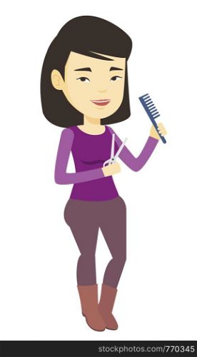 Professional asian female hair stylist ready to do a haircut. Full length of young female hair stylist holding comb and scissors in hands. Vector flat design illustration isolated on white background.. Hairstylist holding comb and scissors in hands.