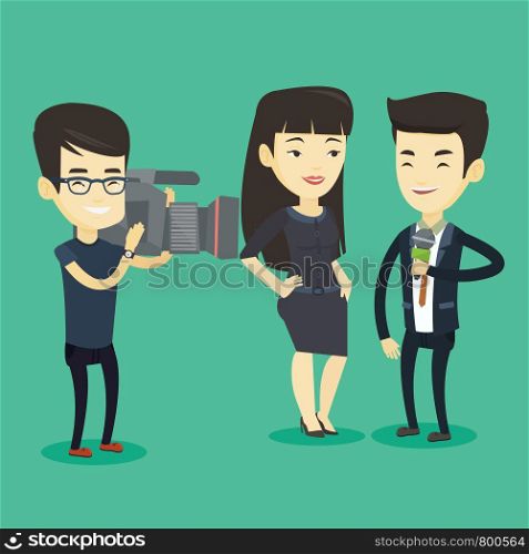 Professional asian reporter with microphone interviews a business woman. Operator filming interview. Journalist making an interview with businessman. Vector flat design illustration. Square layout.. TV interview vector illustration.