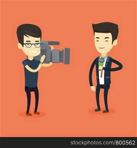 Professional asian reporter with microphone presenting the news. Young operator filming reporter. Reporter and operator recording the news. Vector flat design illustration. Square layout.. TV reporter and operator vector illustration.