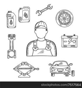 Professional auto mechanic sketch icon for car service center or car workshop symbol design usage with wheel and motor oil, spanner and battery, engine piston and car stand on scissor jack. Auto mechanic profession sketch symbol