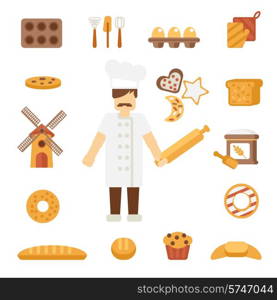 Professional bakery man cartoon character standing in uniform white jacket with rolling pin poster flat vector illustration