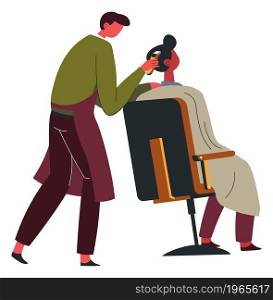 Professional barber cutting hair of client, barbershop service and care. Isolated man sitting in comfortable chair. Grooming and combing customer in a salon. Vector in flat style illustration. Barbershop service, professional barber at work