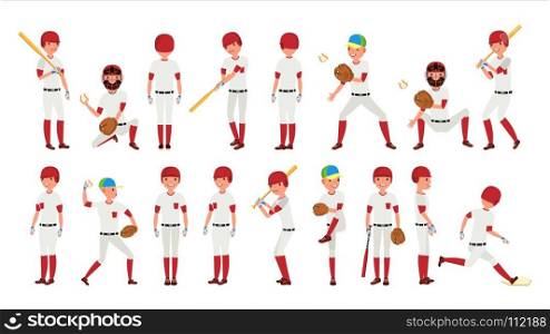 Professional Baseball Player Vector. Powerful Hitter. Dynamic Action On The Stadium. Isolated On White Cartoon Character Illustration. Sport Baseball Player Vector. Classic Uniform. Player Pitching On Field. Dynamic Action On The Stadium. Cartoon Character Illustration