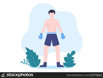 Professional Boxing Sport Wearing Boxer, Ring, Belt, Punch Bags, Red Gloves and Helmet When Competing, Sparring or Practicing in Flat Cartoon Illustration
