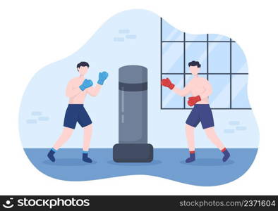 Professional Boxing Sport Wearing Boxer, Ring, Belt, Punch Bags, Red Gloves and Helmet When Competing, Sparring or Practicing in Flat Cartoon Illustration