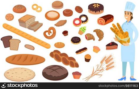 Professional bread maker holding fresh baguettes and loaves. Bakehouse worker with hot bakery. Woman stands with basket of bread next to various pastries, desserts, cakes vector illustration. Female bakehouse worker stands with basket of bread next to various pastries, desserts, cakes