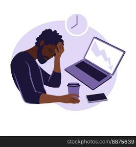 Professional burnout syndrome. Illustration tired african american office worker sitting at the table. Frustrated worker, mental health problems. Vector illustration in flat.