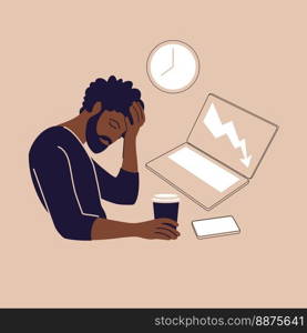 Professional burnout syndrome. Illustration tired african american office worker sitting at the table. Frustrated worker, mental health problems. Vector illustration in flat.