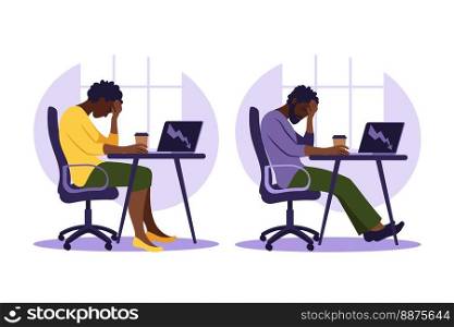 Professional burnout syndrome. Illustration tired african female and man office worker sitting at the table. Frustrated worker.