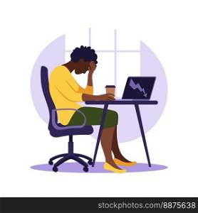 Professional burnout syndrome. Illustration tired african female office worker sitting at the table. Frustrated worker, mental health problems. Vector illustration in flat style.