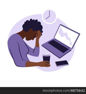 Professional burnout syndrome. Illustration tired african female office worker sitting at the table. Frustrated worker, mental health problems. Vector illustration in flat style.