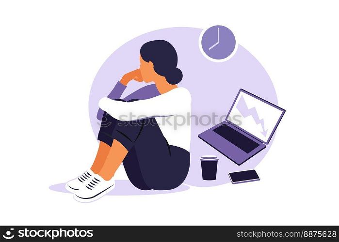 Professional burnout syndrome. Illustration tired female office worker sitting at the table. Frustrated worker, mental health problems.