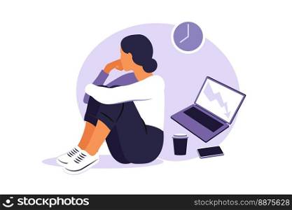 Professional burnout syndrome. Illustration tired female office worker sitting at the table. Frustrated worker, mental health problems.