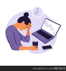 Professional burnout syndrome. Illustration tired female office worker sitting at the table. Frustrated worker, mental health problems. Vector illustration in flat style.