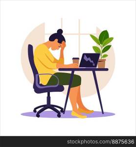 Professional burnout syndrome. Illustration tired female office worker sitting at the table. Frustrated worker, mental health problems. Vector illustration in flat style.