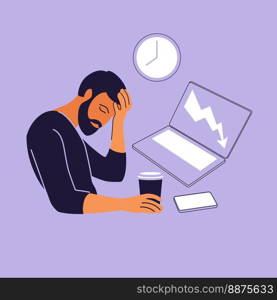 Professional burnout syndrome. Illustration tired office worker sitting at the table. Frustrated worker, mental health problems. Vector illustration in flat.