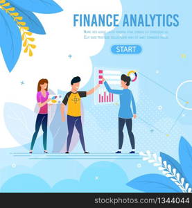 Professional Business Team Performing Finance Analytics Banner. Flat Cartoon Male and Female Analysts Do Marketing Research Analyzing Data in Graphs and Charts and Brainstorming. Vector Illustration. Business Team Performing Finance Analytics Banner