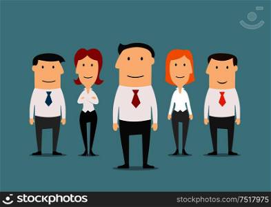 Professional business team with cartoon friendly smiling business colleagues and confident leader in the center. Great for office staff theme or leadership concept design. Successful business team with confident leader