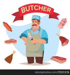 Professional Butcher Vector. Classic Butcher Man With Knife. Eco Farm Organic Market. For Storeroom Advertising. Cartoon Isolated Illustration.. Classic Butcher Vector. Professional Butcher Man With Meat Cleaver. For Meat Market Advertising Concept. Eco Farm Organic Market Meat. Cartoon Isolated Illustration.