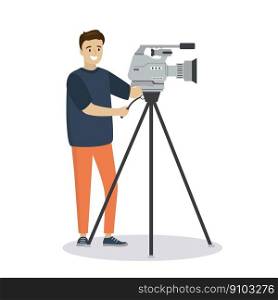 Professional cameraman,cartoon caucasian male character isolated on background,flat vector illustration