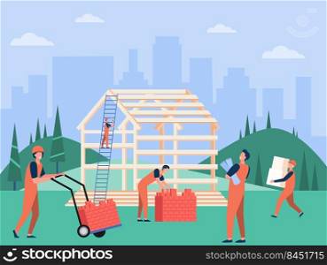 Professional carpenters team building house flat vector illustration. Cartoon builders in protective hard hats and uniform working with wooden structure. Construction and teamwork concept