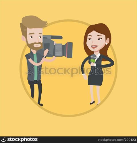 Professional caucasian female reporter with microphone presenting the news. Young hipster operator with beard filming reporter. Vector flat design illustration in the circle isolated on background.. TV reporter and operator vector illustration.