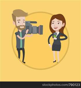 Professional caucasian female reporter with microphone presenting the news. Young hipster operator with beard filming reporter. Vector flat design illustration in the circle isolated on background.. TV reporter and operator vector illustration.
