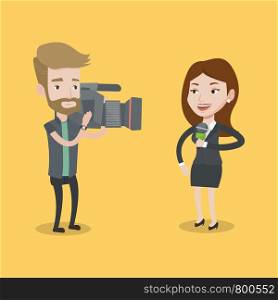 Professional caucasian female reporter with microphone presenting the news. Young hipster operator with the beard filming news correspondent. Vector flat design illustration. Square layout.. TV reporter and operator vector illustration.