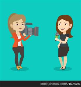 Professional caucasian female reporter with microphone presenting the news. Young operator filming reporter. Reporter and operator recording the news. Vector flat design illustration. Square layout.. TV reporter and operator vector illustration.