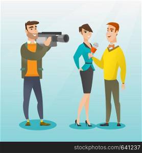 Professional caucasian reporter with a microphone presenting news. Operator filming an interview. Journalist making an interview with a businesswoman. Vector flat design illustration. Square layout.. TV interview vector illustration.