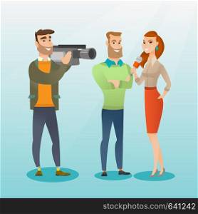 Professional caucasian reporter with a microphone presenting news. Operator filming an interview. Journalist making an interview with a businessman. Vector flat design illustration. Square layout.. TV interview vector illustration.