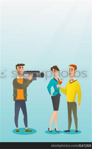 Professional caucasian reporter with a microphone presenting news. Operator filming an interview. Journalist making an interview with a businesswoman. Vector flat design illustration. Vertical layout.. TV interview vector illustration.