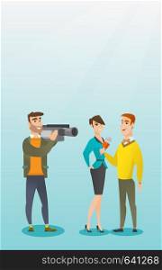 Professional caucasian reporter with a microphone presenting news. Operator filming an interview. Journalist making an interview with a businesswoman. Vector flat design illustration. Vertical layout.. TV interview vector illustration.