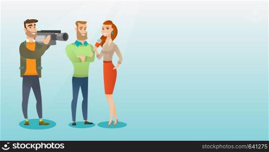Professional caucasian reporter with a microphone presenting news. Operator filming an interview. Journalist making an interview with a businessman. Vector flat design illustration. Horizontal layout.. TV interview vector illustration.