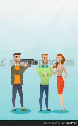 Professional caucasian reporter with a microphone presenting news. Operator filming an interview. Journalist making an interview with a businessman. Vector flat design illustration. Vertical layout.. TV interview vector illustration.