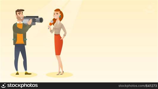 Professional caucasian reporter with a microphone presenting news. Operator with camera filming a reporter. Reporter and operator recording news. Vector flat design illustration. Horizontal layout.. TV reporter and operator vector illustration.