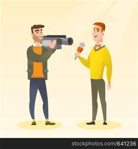 Professional caucasian reporter with a microphone presenting news. Young operator with camera filming a reporter. Reporter and operator recording news. Vector flat design illustration. Square layout.. TV reporter and operator vector illustration.